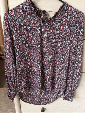 LOFT Floral Paisley Long Sleeve Blouse - Black with Pink & Blue